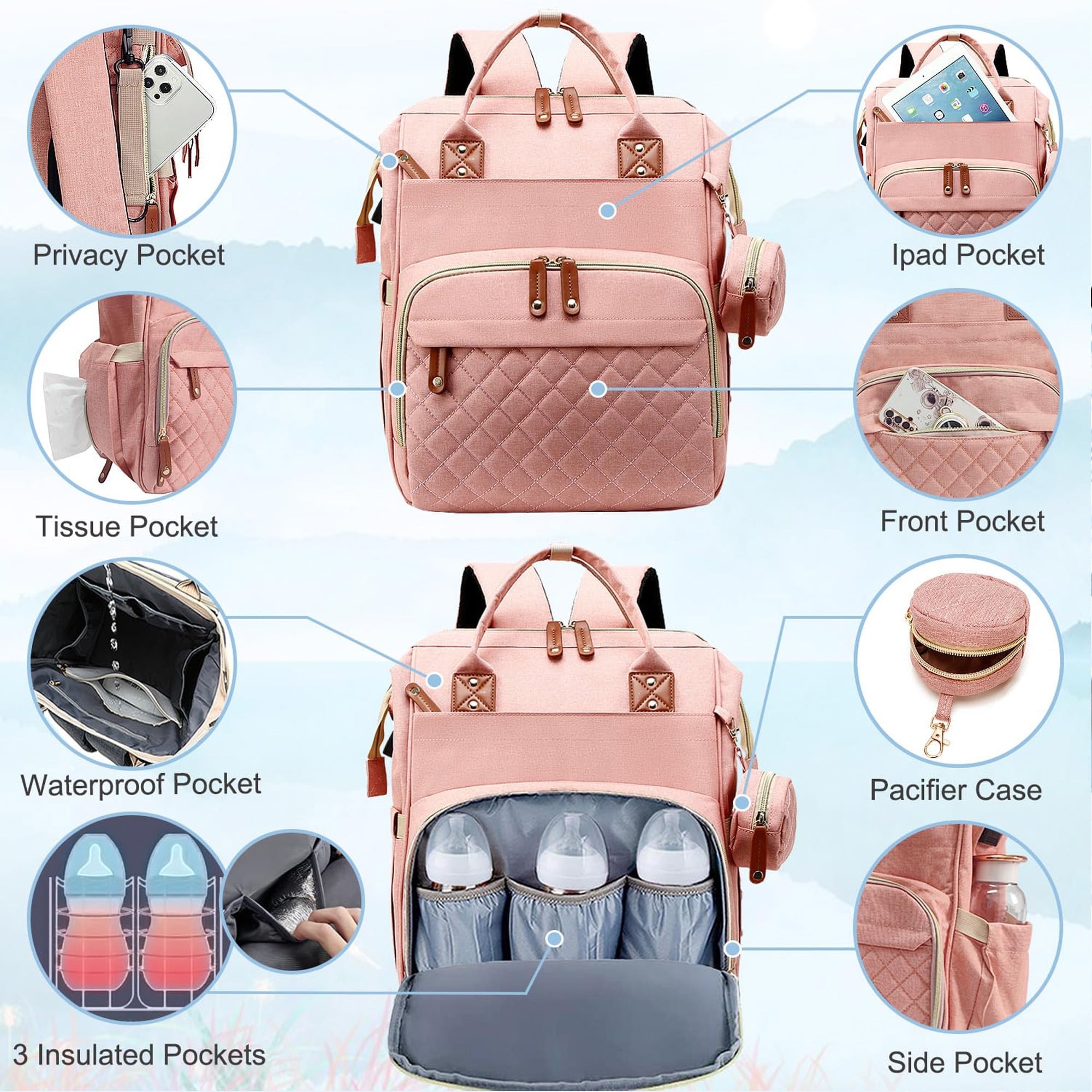 Morfone Baby Diaper Bag Backpack, Multifunction Waterproof Baby Bag with USB Charging Port, Stroller Straps & Pacifier Case Unisex, Pink