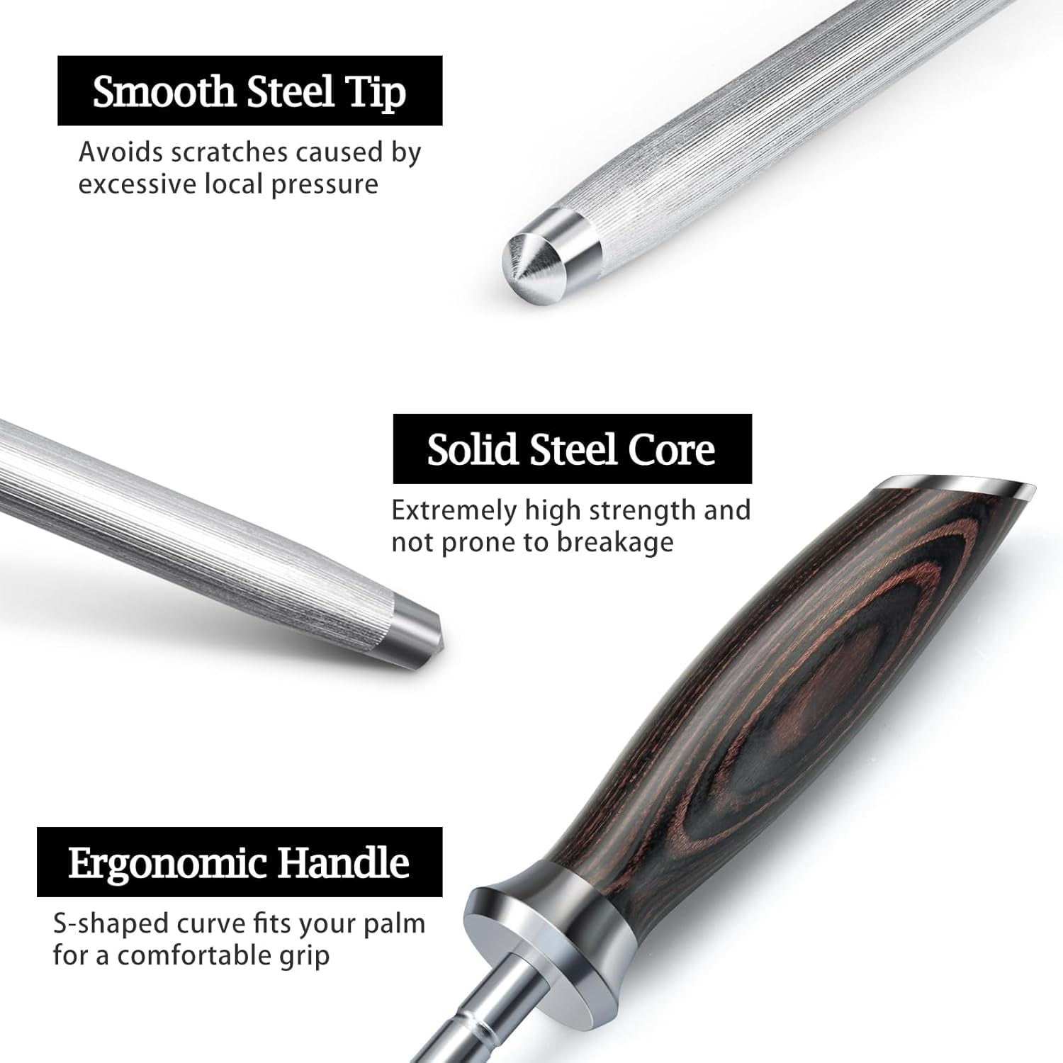 10 Inch Professional Kitchen Knife Sharpener Rod with High Carbon Steel and Ergonomic Pakkawood Handle