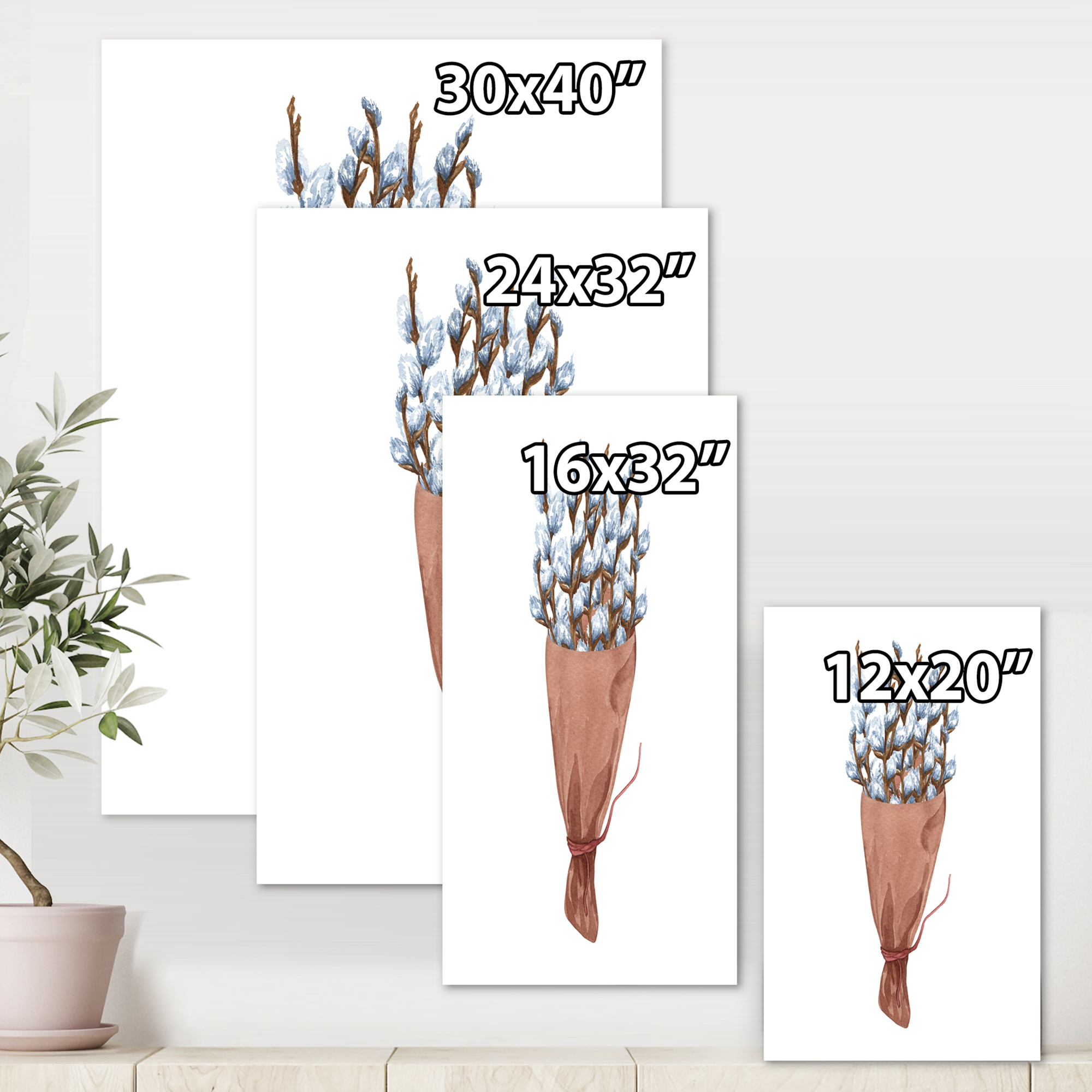 Designart ' Bunch of White Pussy Willow Twigs I ' Farmhouse Canvas Wall Art Print