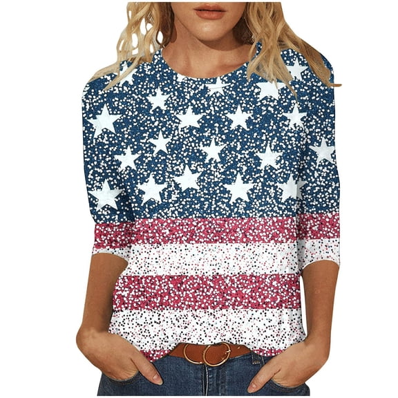 XDZJLR T Shirts For Women 4Th Of July 250Th Anniversary 3/4 Sleeve Casual T Shirt Fashion Round Neck Graphic Tee Tops Tshirts S-Xxxl