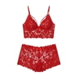 thumbnail image 4 of Yuanlook Women Plus Size Lace Loungewear Set, Spaghetti Strap V Neck Cami Crop Top & High Waist Shorts Bow Decor Daily Sleep Outfit S-XXXXL, 4 of 7