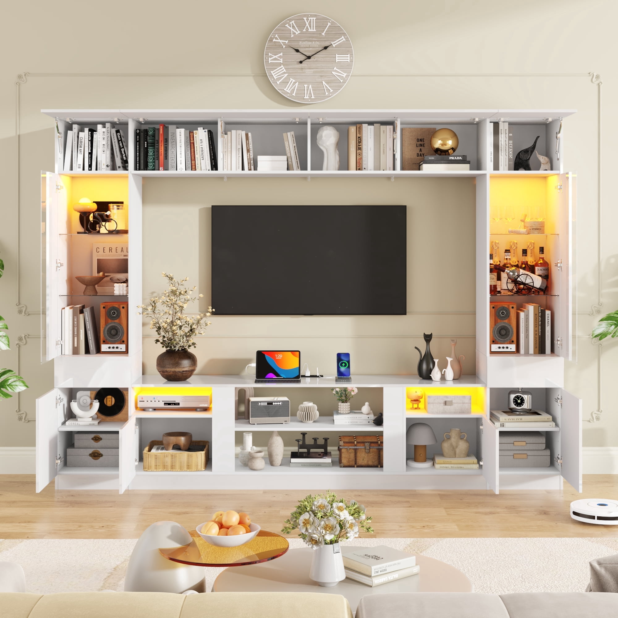 ANPOO 107" Large Wall Unit Entertainment Center with Bookshelves & LED Lights and Storage Shelves, Modern High Glossy TV Stand Media Console Table with Bridge Cabinet for Living Room & Home Theater