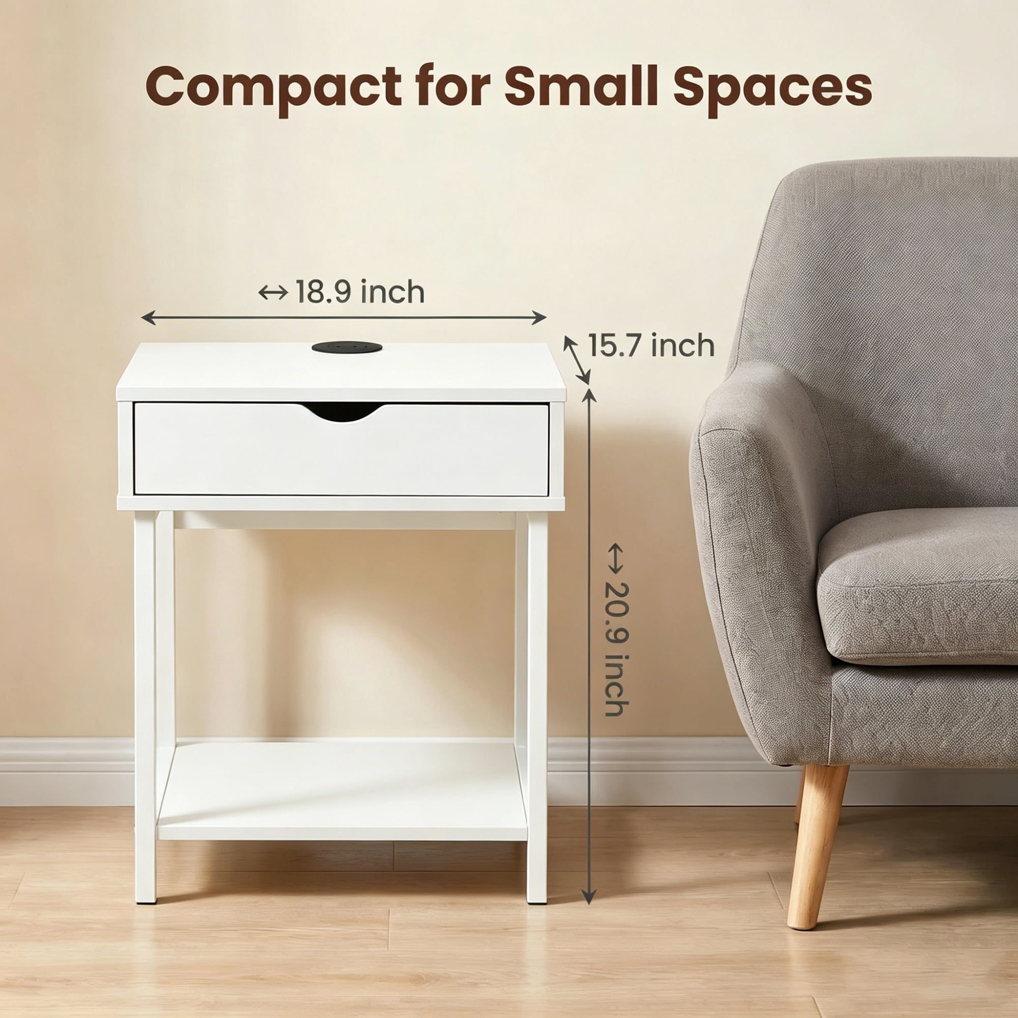 JJS Side End Table, Nightstand, Bedside Table with Drawer and Storage Shelves, Sofa Table for Living Room, Bedroom, Accent Furniture, Easy Assembly, White