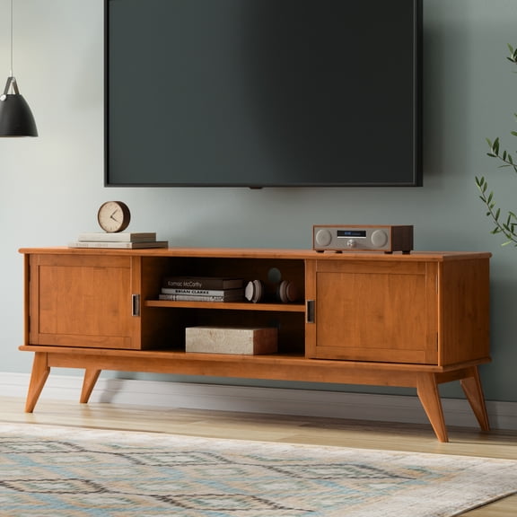 Simpli Home Draper 72 inch Wide Solid Wood Mid Century TV Stand in Teak Brown For TVs up to 80 inches
