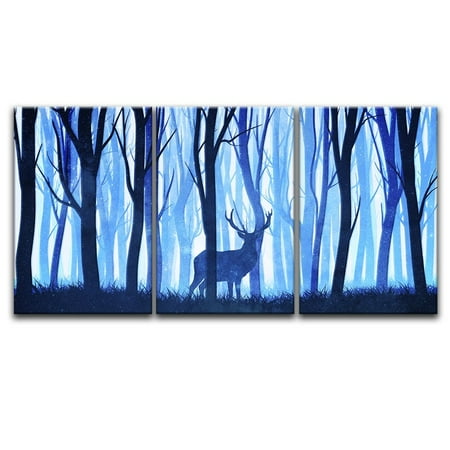 Wood Painting wall26-3 Panel Animal Canvas Wall Art - Watercolor Painting Style Deer in Blue Woods - Giclee Print Gallery Wrap Modern Home Decor Ready to Hang - 16