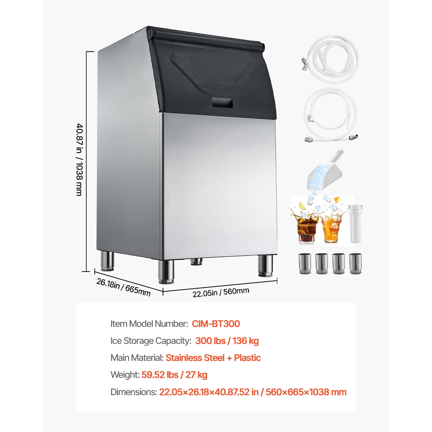 KFFKFF Commercial Ice Storage Bin, 300 LBS Capacity, Stainless Steel Ice Bin with Adjustable Non-Slip Rubber Feet, Ideal for Restaurants, Hotels, and Beverage Shops