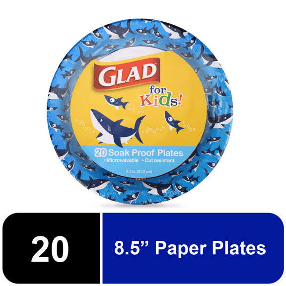 Glad Kids Sharks Round Paper Plates, 8.5", (20 plates total)