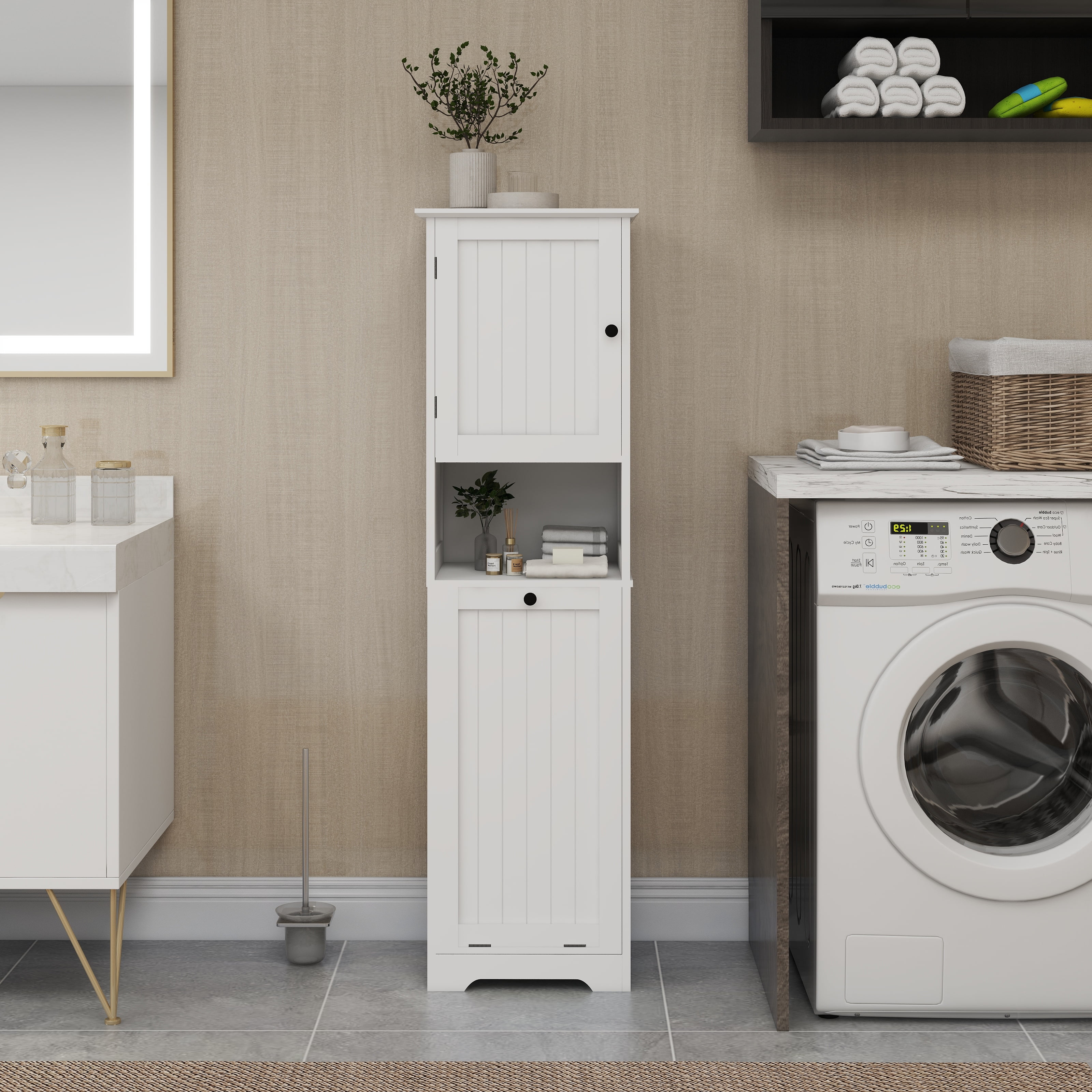 Mintazer Slim Tall Bathroom Storage Cabinet with Open Shelf, Freestanding Narrow Linen Tower with Tilt-Out Laundry Hamper for Bathroom Laundry Room Balcony, White