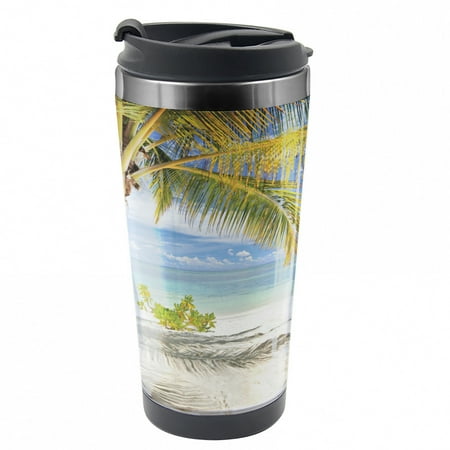 

Palm Tree Travel Mug Palm Trees Coastline Steel Thermal Cup 16 oz by Ambesonne
