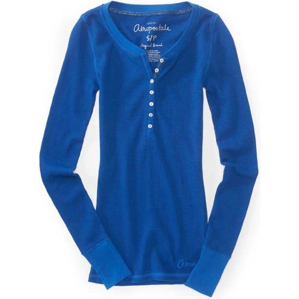 Aeropostale - Camiseta henley de punto brillante para mujer, azul, grande Aeropostale henley