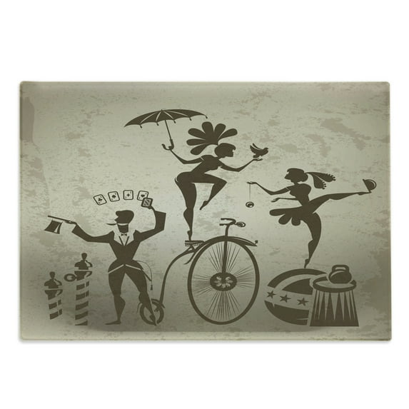 Circus Cutting Board, Silhouette Circus Performers as Magician Doing Card Trick and Girl on Unicycle, Decorative Tempered Glass Cutting and Serving Board, in 3 Sizes, by Ambesonne