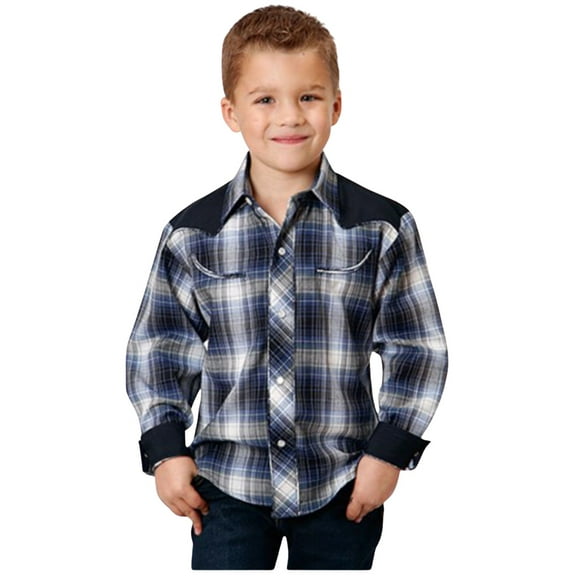 Roper Boys Long Sleeve Snap Navy Royal And White Plaid Western Shirt