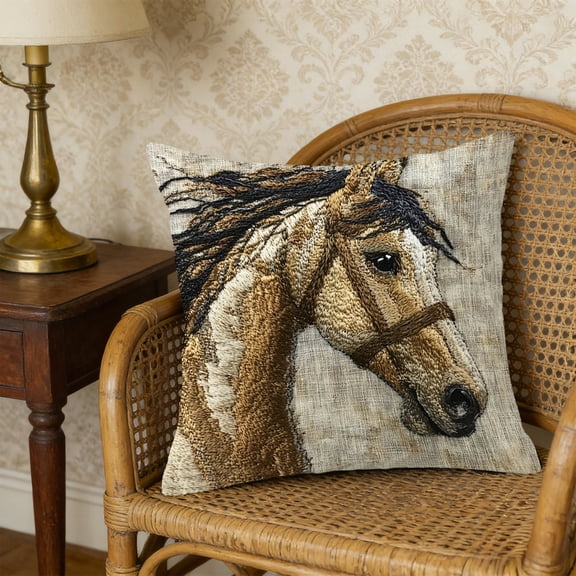 Embroidered Horse Pillow Cover 18x18 Inch, Soft Plush Throw Pillow Case for Sofa Bedroom Living Room, Farmhouse Home Decor Cushion Cover