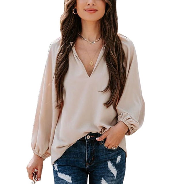 Blusa con cuello en V,Top con cuello en V Top de manga larga con linterna pura Top con cuello en V Características de vanguardia