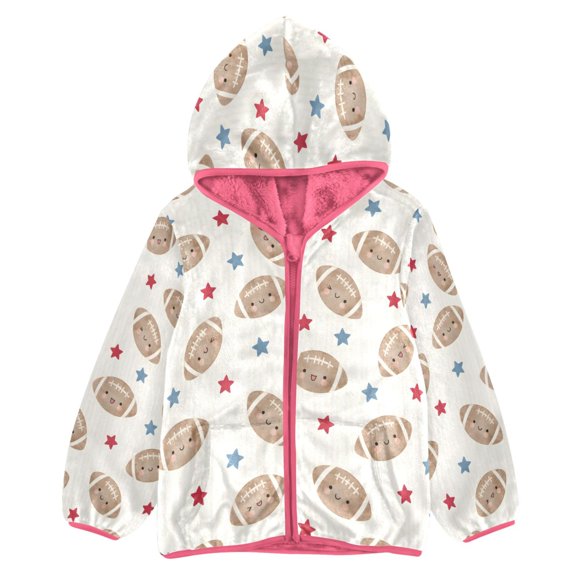 BZSMCE Double-Sided Sherpa Fleece Hooded Zipper Jacket Pink Cute Baseball Pattern Print Warm Outerwear