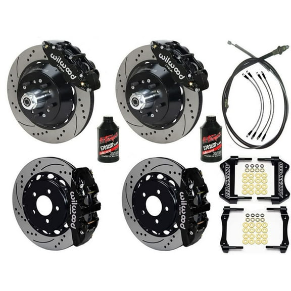 WILWOOD SL6R 14 FRONT & AERO4 14 REAR BIG BRAKE KIT COMBO WITH FREE PARKING BRAKE CABLE, BRAKE LINES & FLUID, DRILLED ROTORS, BLACK CALIPERS, For 1968-1969 MUSTANG W/2.36 OFFSET
