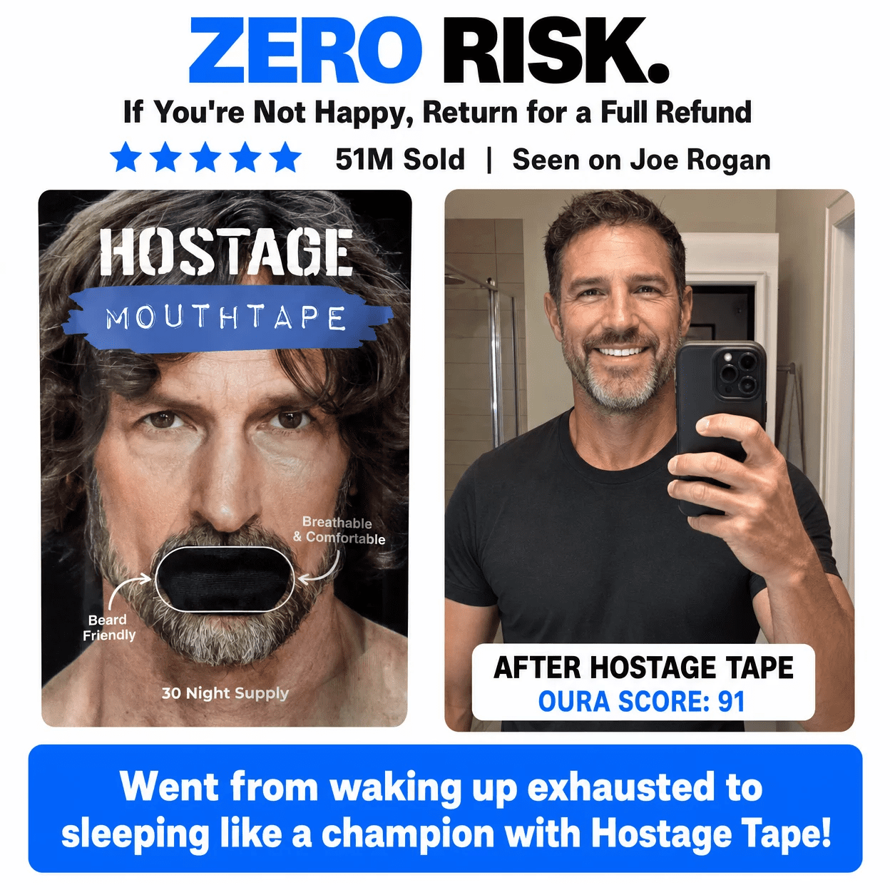 Hostage Tape Breathable Hypoallergenic Mouth Tape for Snoring, Black, Oval - 75mm x 38mm, 30 Count