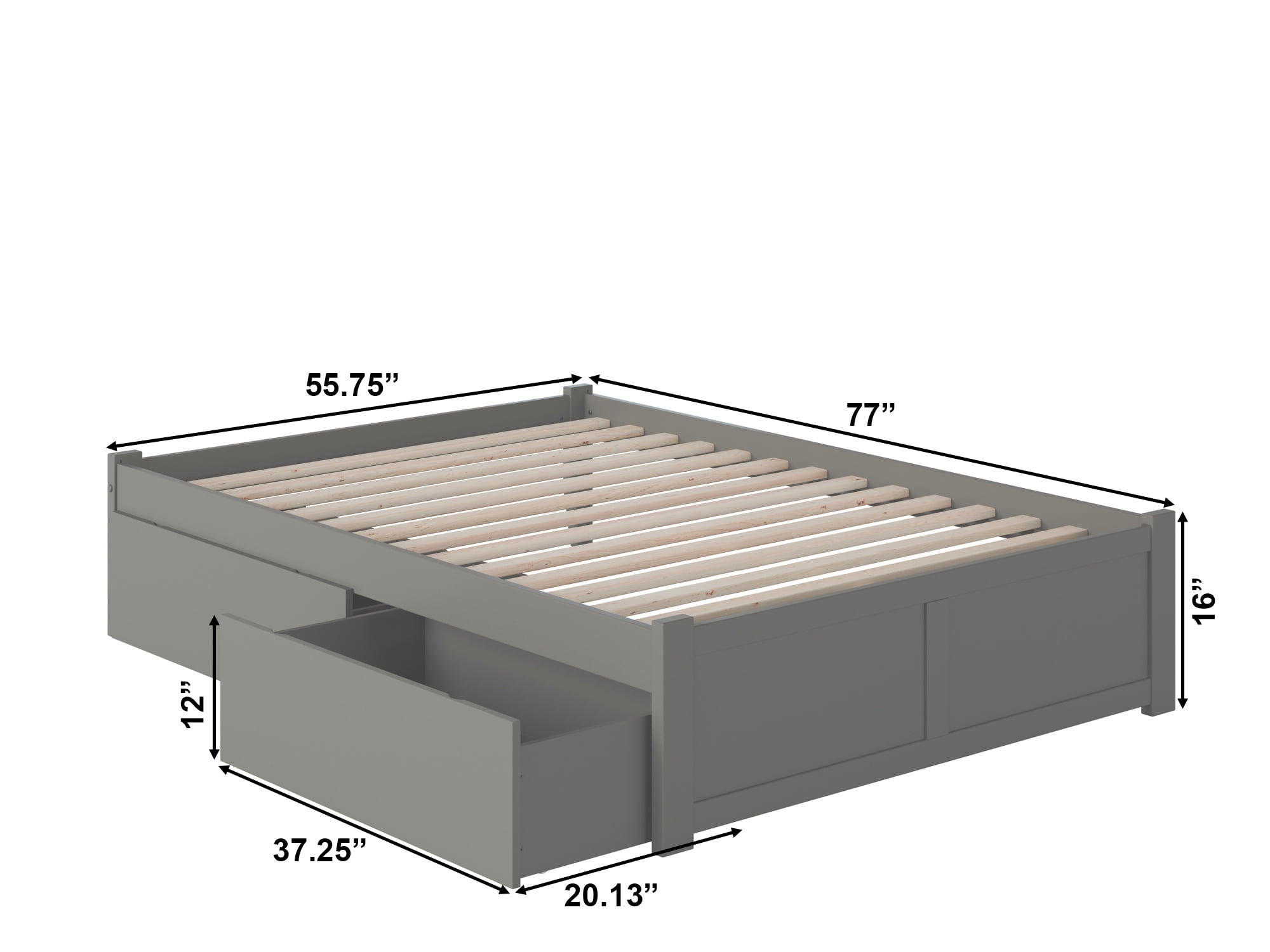 AFI Concord Full Solid Wood Platform Bed with Footboard & 2 Storage Drawers in Grey