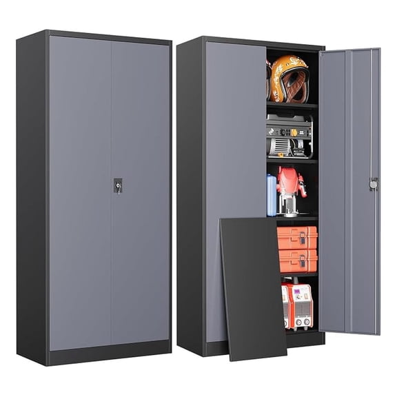 Metal Garage Storage Cabinets with Lock, 71" Tall Tool Cabinet with 2 Door and 4 Adjustable Shelves, Locking Garage Cabinets and Lockable Steel Locker for Home Office Warehouse-(Black Gray-71โH)