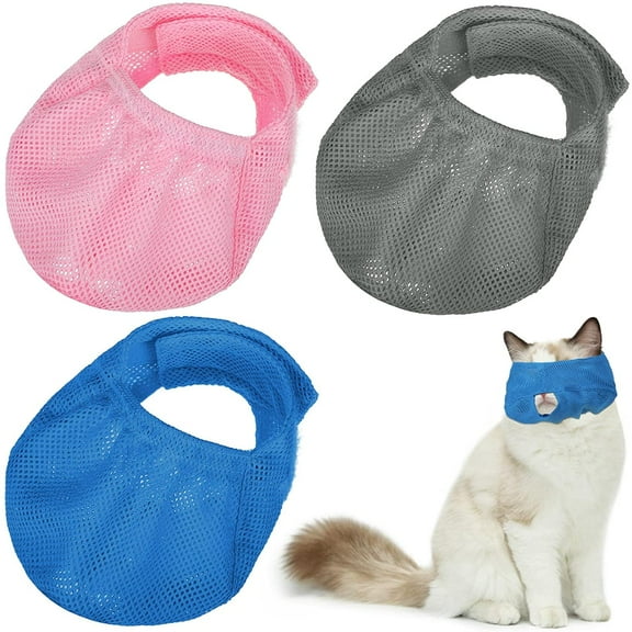 Lsupdaol 3 Pieces Cat Muzzles Breathable Mesh Muzzles Cat Grooming Restraint Bags with Muzzle Anti Bite Anti Meow to Prevent from Biting(Blue, Pink, Gray)