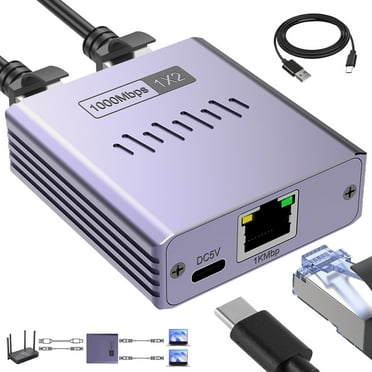 Duomigo Ethernet Splitter 1 to 2, 1000Mbps High-Speed RJ45 Splitter, Ultra Slim Aluminum Case, Gigabit LAN Splitter with USB-C Power for Cat5/6/7/8 Cables
