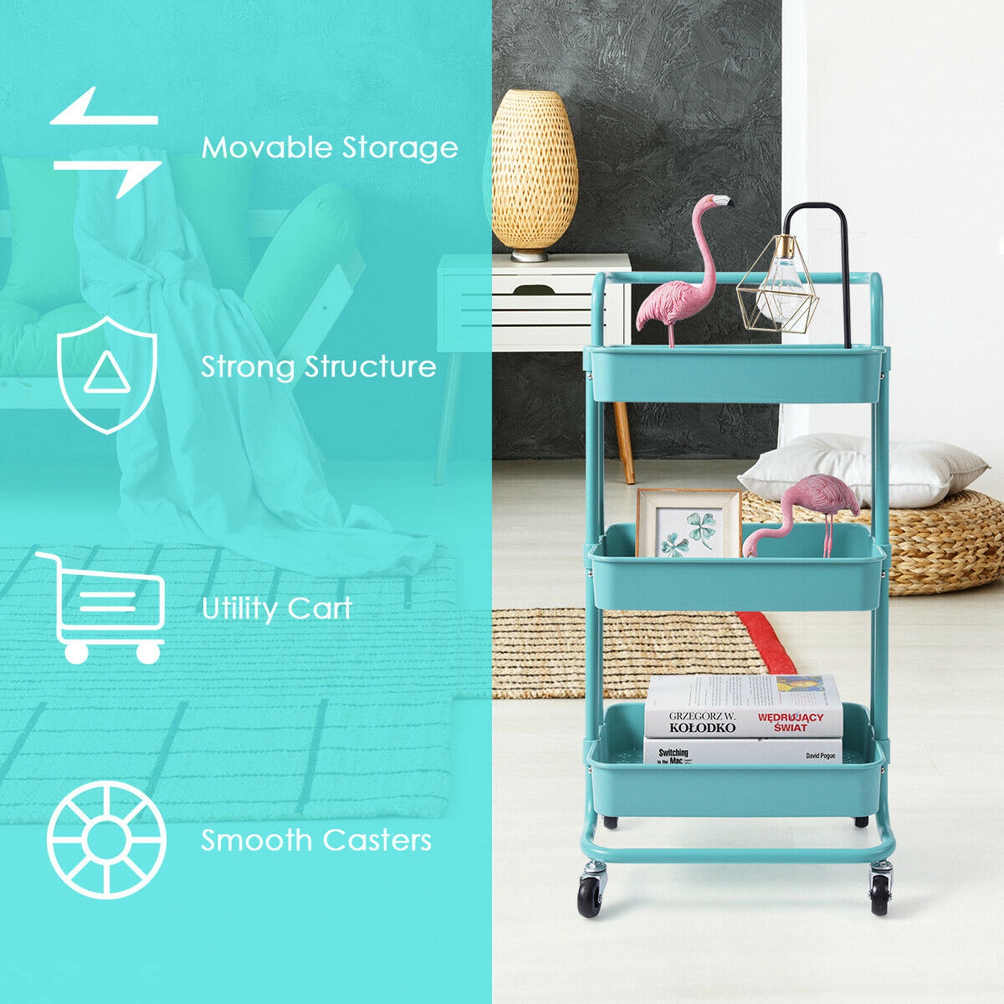Gymax 3 Tier Rolling Cart W/Wheels ABS Basket Organizer & Practical Handle Aqua Blue
