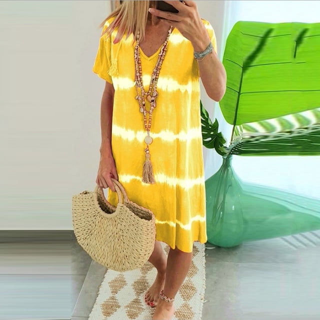 WILLBEST Vestido Minivestido Informal con Estampado Tie-Dye y Rayas para Mujer, Cuello En V, Suelto, Estilo Camiseta (S-3Xl) Grande