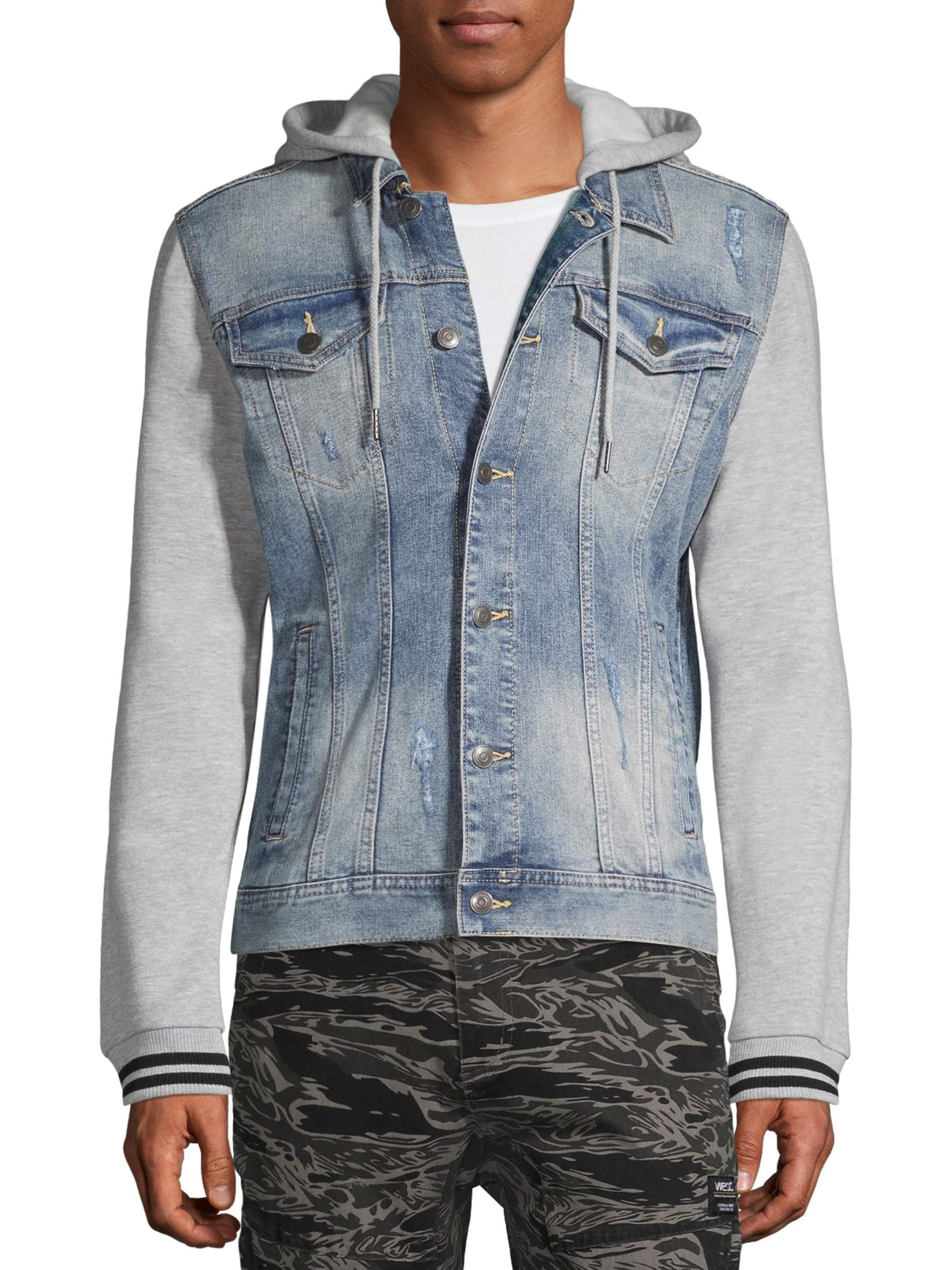 denim jacket with grey hoodie