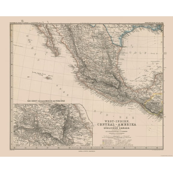 Historic Map - Mexico West Indies- Stieler 1885 - Vintage Wall Art