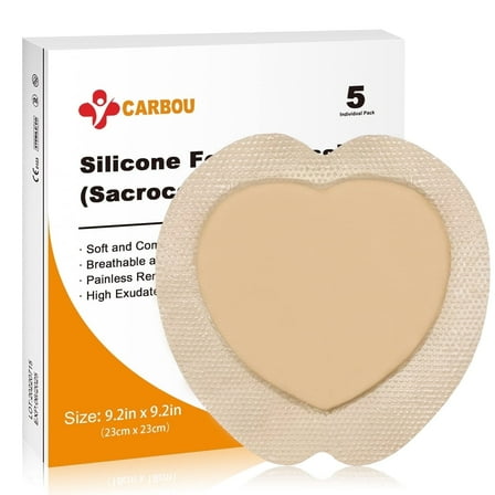 Carbou Wound Dressing Sacrum Silicone Foam Dressing with Adhesive Border 9.2''x 9.2'' Box of 5 Pack