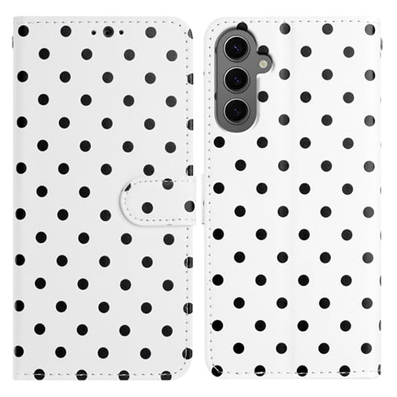 for Samsung Galaxy S25 Wallet Case with Wrist Strap - Faux Leather Flip Folio Phone Case with Card Holder Slot Kickstand Cute Aesthetic Small Round Dot Design for Women Ladies, White