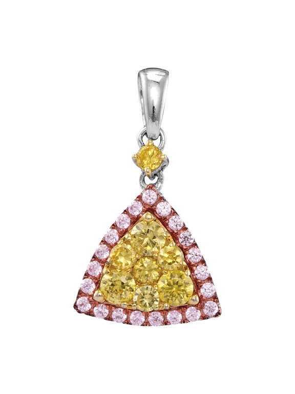 14kt White Gold Womens Round Yellow Pink Diamond Triangle Frame Cluster Pendant 5/8 Cttw In Pave Setting (I1-I2 clarity; Yellow color)