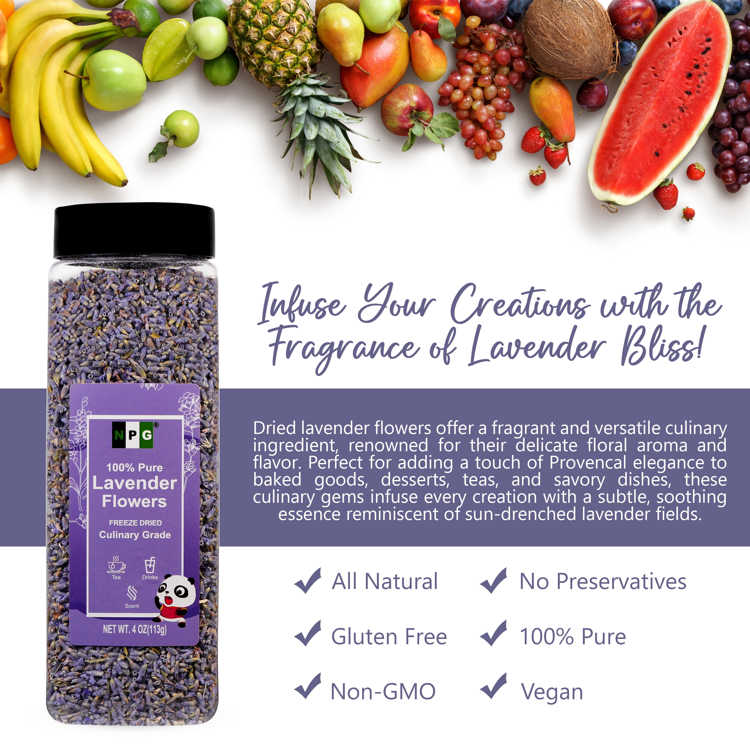 NPG Culinary Grade Lavender Flowers 4 Ounces, Lavender Buds for Tea, Baking, DIY Soap, Candle Making, Potpourri, Natural Fragrance Sachets, All-Natural, Non-GMO