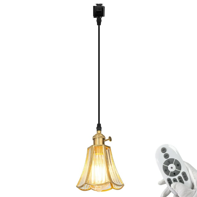 FSLiving Dimmable J Type Track Light Pendants Remote Control E26 Socket Clear Water Ripple Glass, Copper Line Cover Chandeliers Art Shade 3.2 Ft, Track Mount Retro for Kitchen Island Customizable