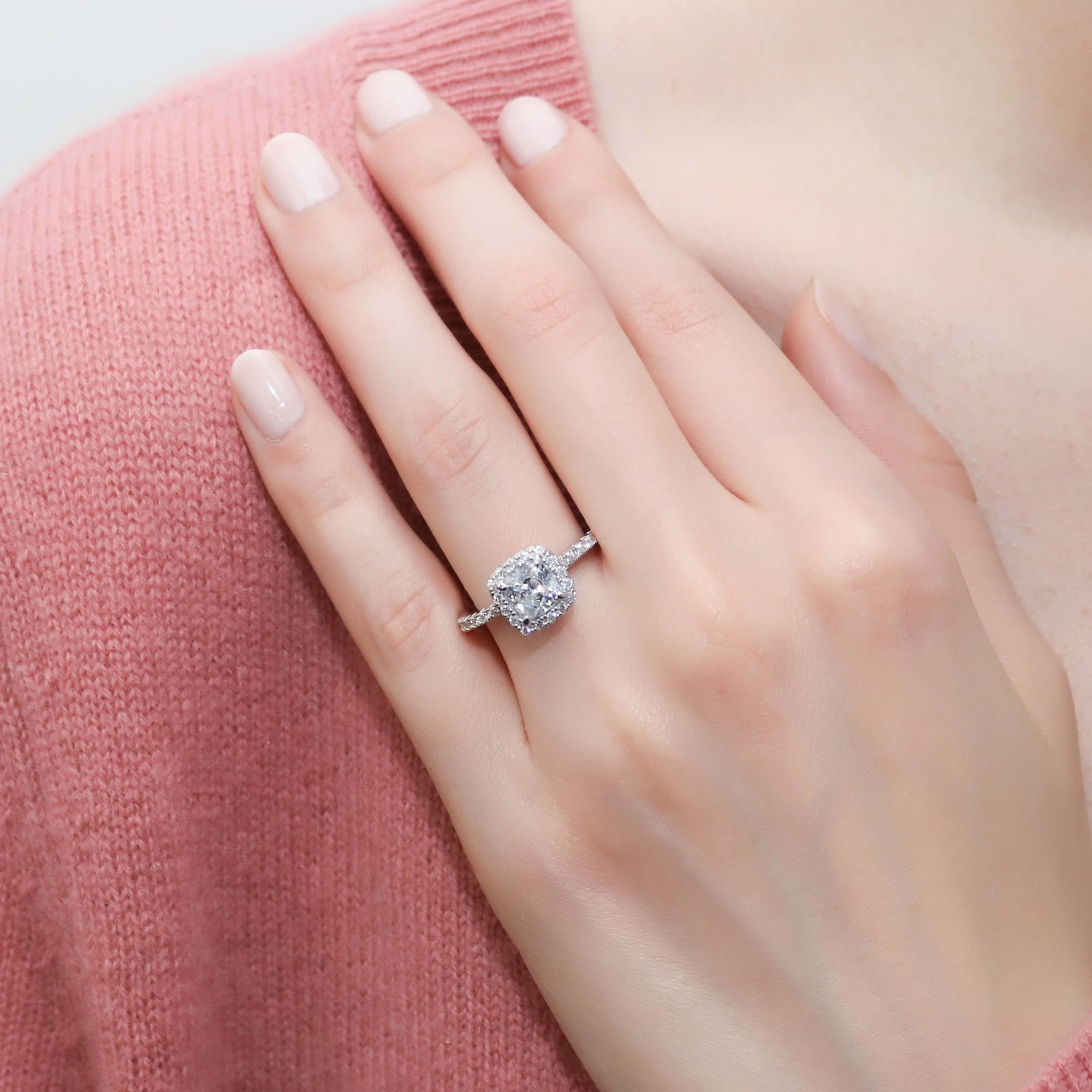 BERRICLE Sterling Silver Halo Wedding Engagement Rings Cushion Cut Cubic Zirconia CZ Ring Set for Women, Rhodium Plated Size 8.5