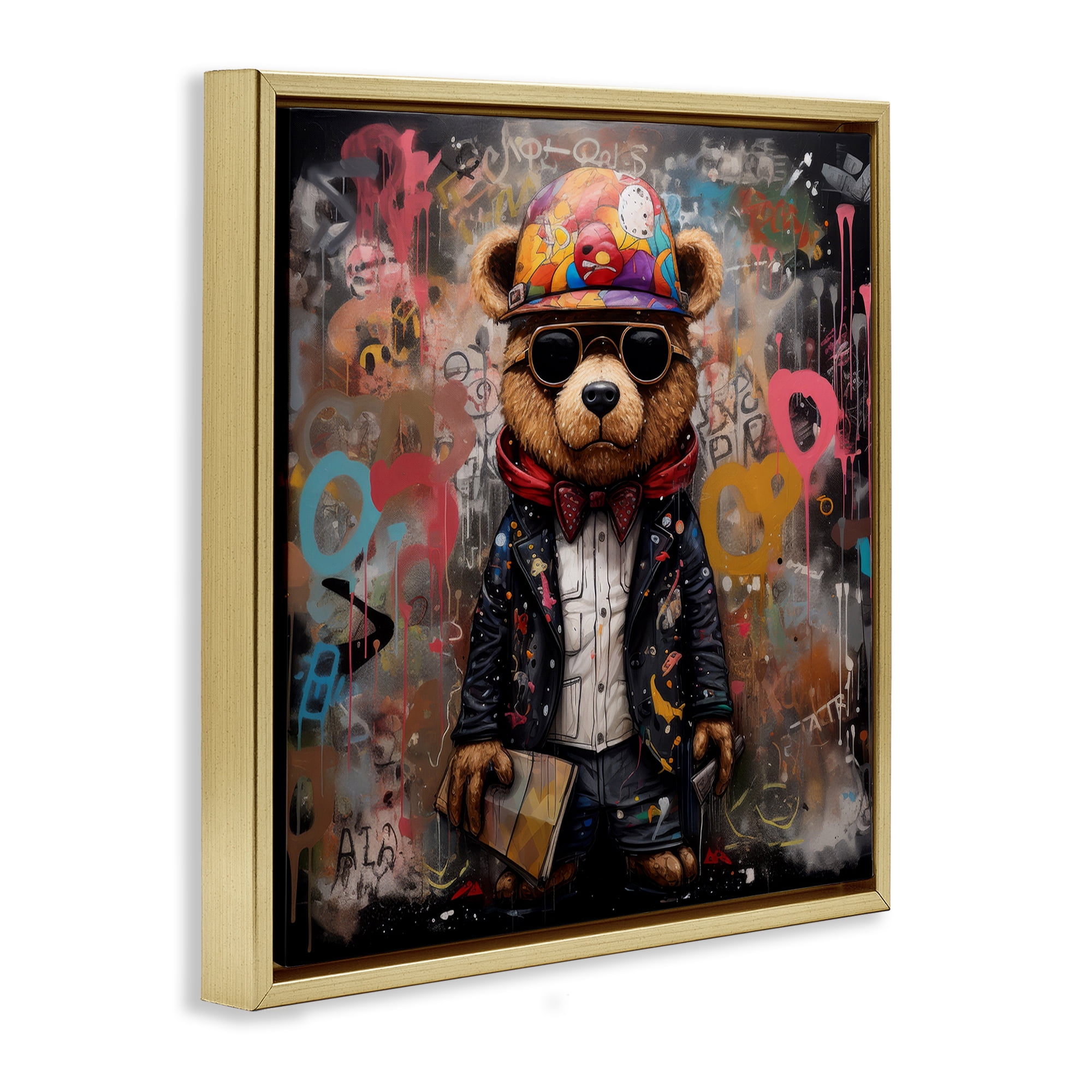 Stupell Industries Urban Graffiti Bear Animals & Insects Painting Gold Floater Framed Canvas Art Print Wall Art, 25 x 25