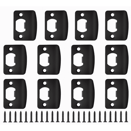 12 Pcs Square Round Corner Door Strike Plates, Black Stainless Steel Deadbolt Covers, with Screws Reinforcement Kit
