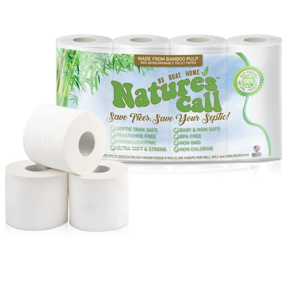 RVs Boats & Home 100% Bamboo Toilet Paper by Nature's Call - 2-Ply Soft Strong Tank Safe & Quick Dissolve Camper Toilet Tissue - Marine Camping & Travel Toilet Paper - FSC Certified (8 Rolls)