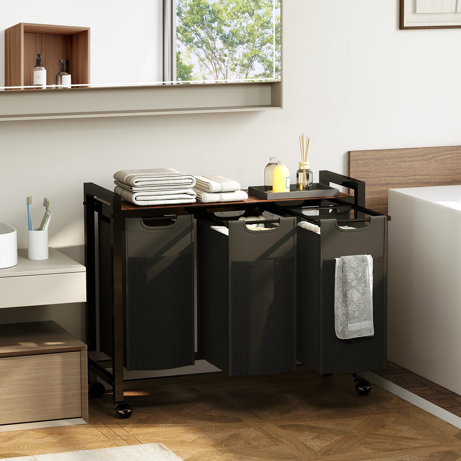 GIANNA Laundry Hamper, Laundry Basket with 3 Removable Bags, Laundry Sorter with Shelf, Metal Frame, 36.4 x 13 x 28.4 Inches, Rustic Brown and Black, 38L x 3(114L)