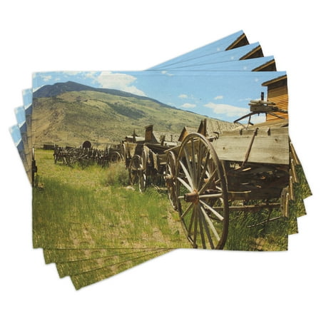 

Barn Wood Wagon Wheel Placemats Set of 4 Line of Antique Carriages in Rural Village Farm and Hills Washable Fabric Place Mats for Dining Room Kitchen Table Decor Green Brown Pale Blue by Ambesonne