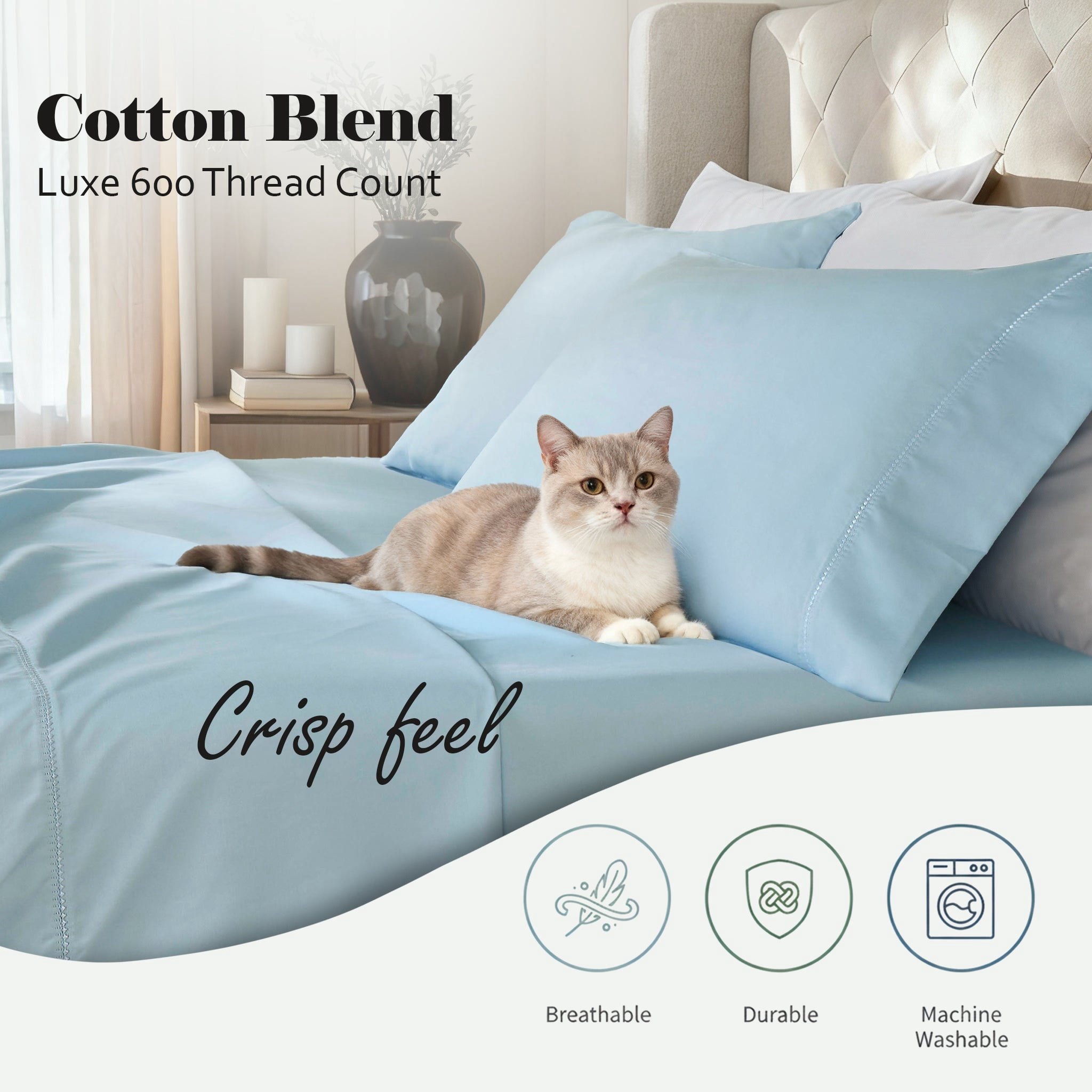 Superior Cotton Blend 600 Thread Count Embroidered Pillowcases , Set of 2, King Size, Blue