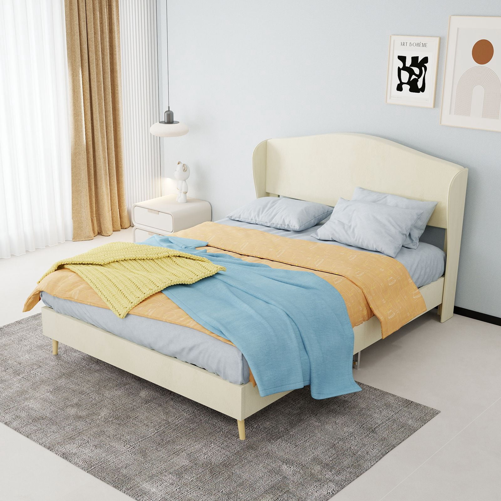 Alvantor Full Size Upholstered Bed Frame with Padded Headboard, Holland Velvet Tufted Noise-Free & Durable Beige