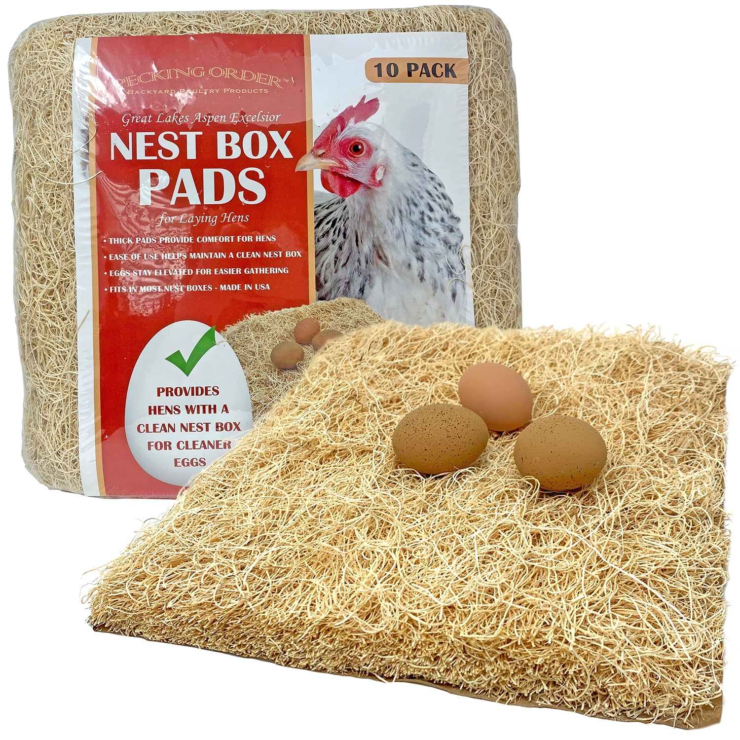 (2 pack) Pecking Order Chicken Nest Box Pads 10 Pack, Made with Great Lakes Aspen Excelsior Wood Fibers. Brown in color for a natural look.