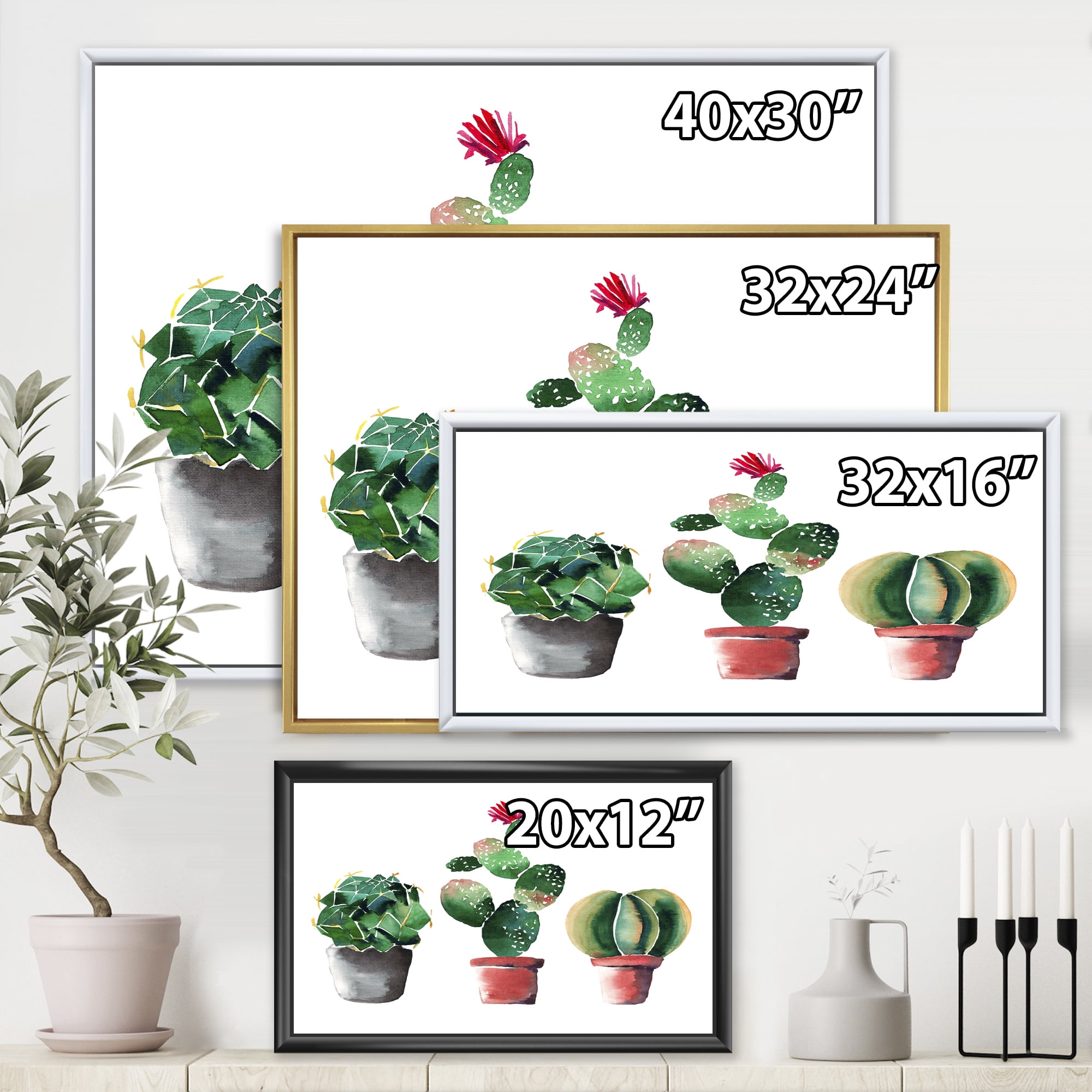 Three Cacti In Clay Pots On White 32 in x 24 in Framed Painting Canvas Art Print, by Designart