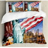 United States Queen Size Duvet Cover Set, USA Touristic Concept Collection Statue of Liberty NYC Cityscape Flag Cars, Decorative 3 Piece Bedding Set with 2 Pillow Shams, Multicolor, by Ambesonne