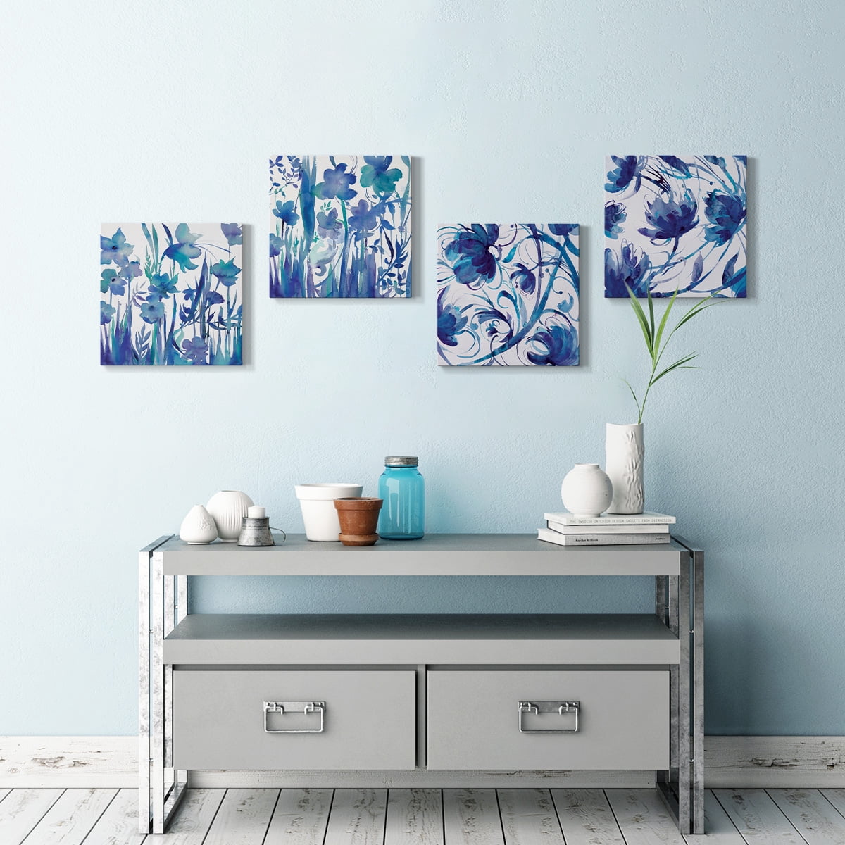 Bedroom Wall décor Blue Flower Wall Art 4 Pieces Set, 32 x 32 inches Each, Modern Abstract Painting Canvas Prints Artwork for Home, Office, Cabin, Guest Room