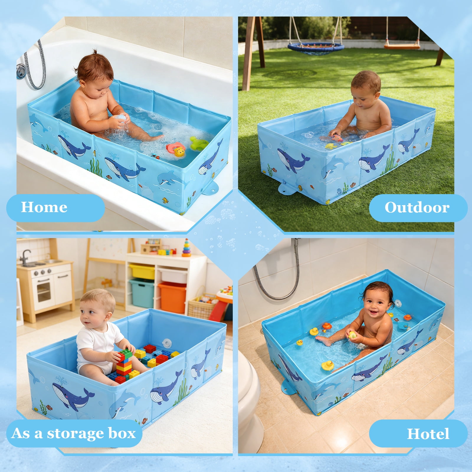 RoamReady Collapsible Foldable Baby Bathtub 6M-4Y Infant Toddler Portable Travel Tub with Quick Drain Plug Space Saving Easy Clean No Assembly Blue