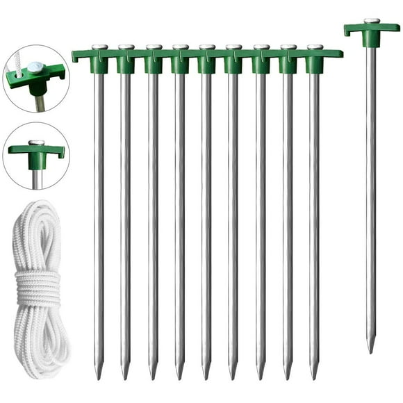 Eurmax USA Galvanized Non-Rust Camping Family Tent Pop Up Tent Stakes Ice Tools Heavy Duty 10pc-Pack, with 4x10ft Ropes & 1 Green Stopper