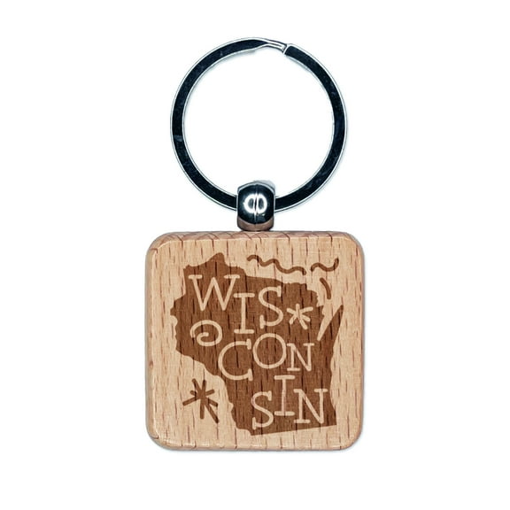 Wisconsin State with Text Swirls Square Keychain Charm Tag - Engraved Wood