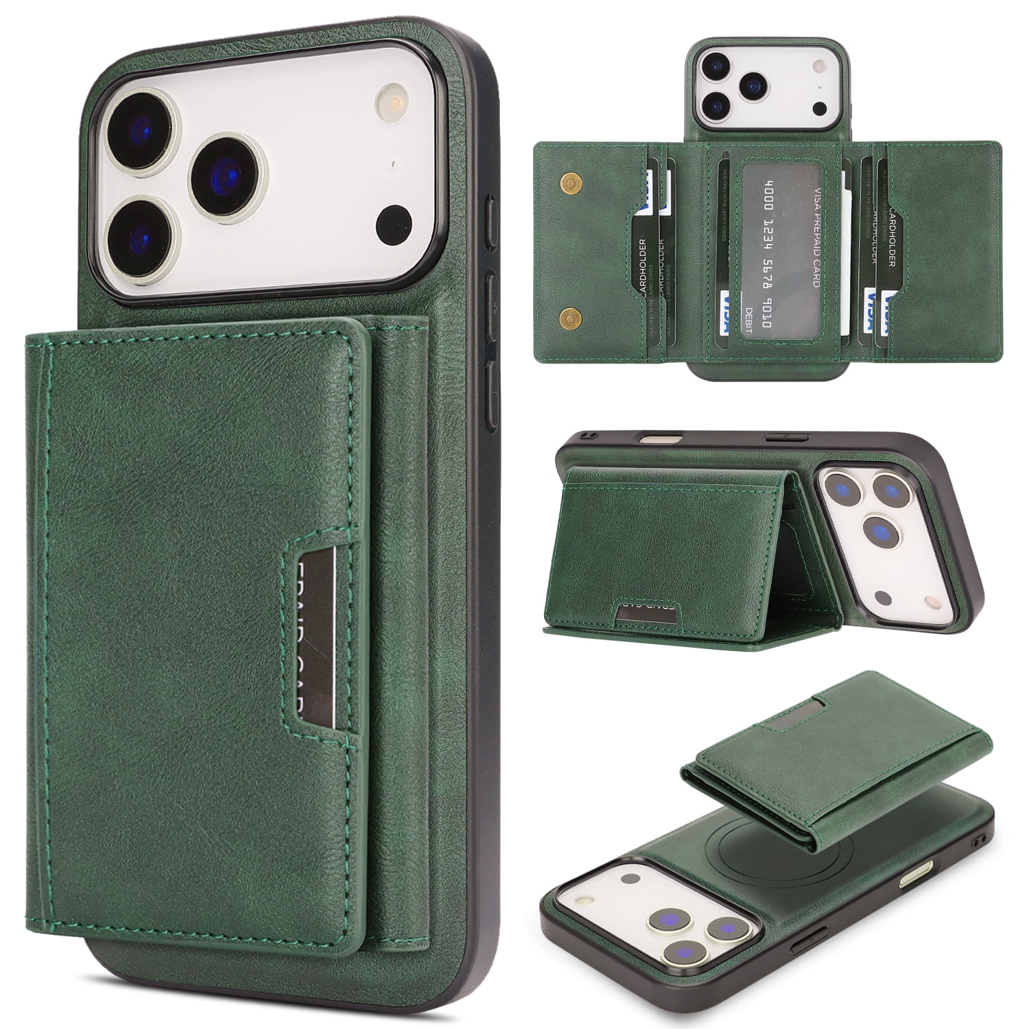 Classic Detachable Magnetic Card Holder Wallet Case for iPhone 17 Pro Max Compatible with MagSafe Accessories Drop Protective Phone Cover for Women Men Support Magnetic Car Mount Green